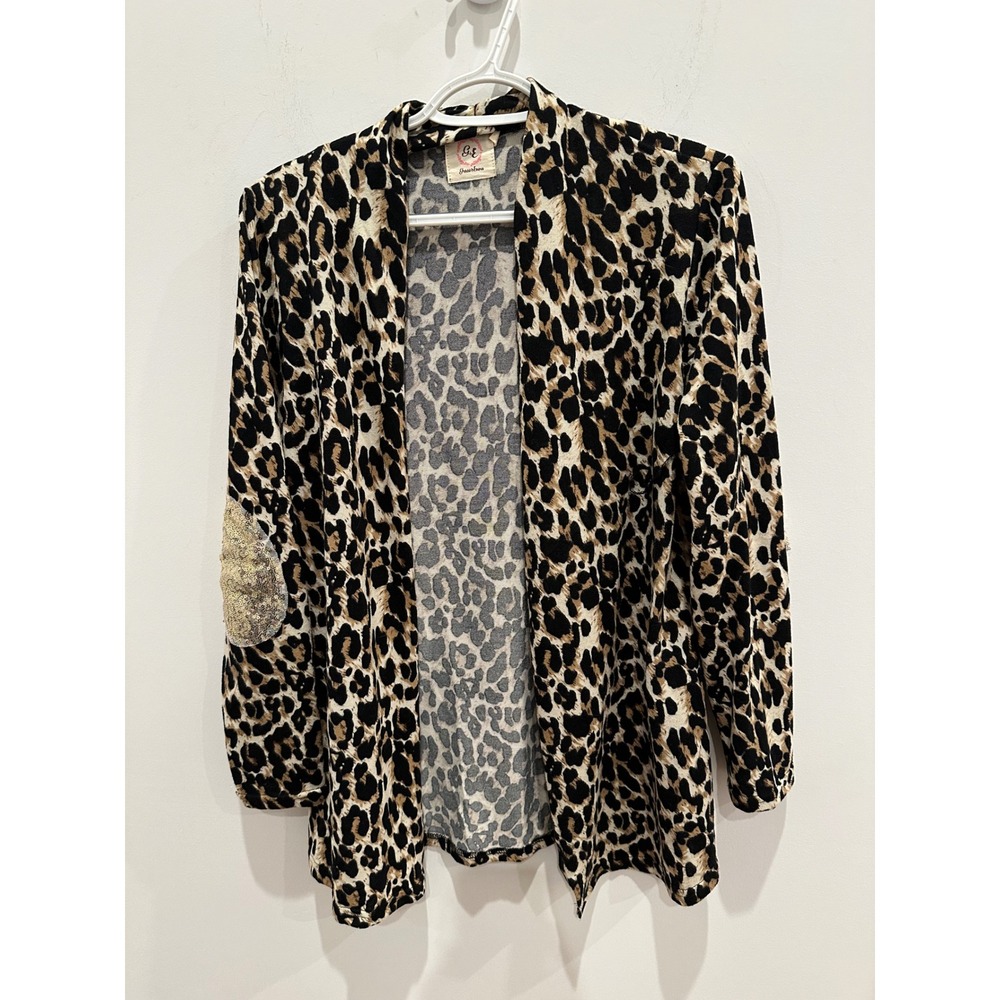 Grace & Emma Leopard Print Open Front Cardigan Sequin Elbow Patches S/M